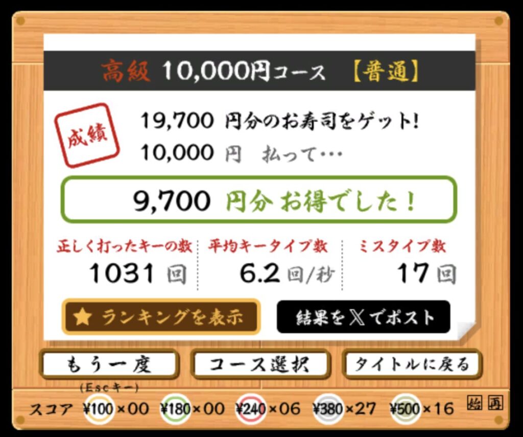 タイピングのスキルを示すために寿司打の成績を表したスクリーンショットです